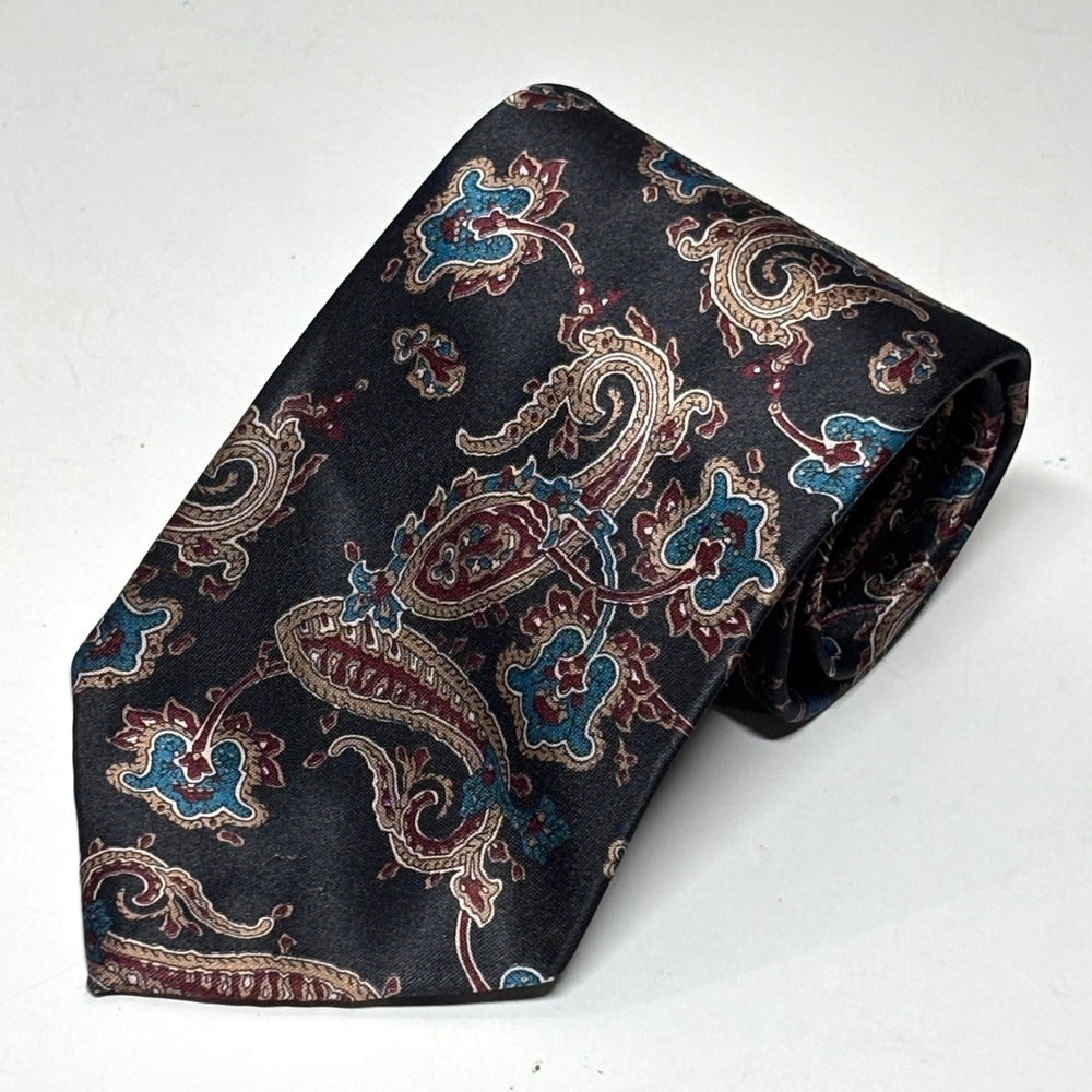 Wembley Paisley Tie Mens OS Black Burgundy Teal Vintage USA Made Classic Office